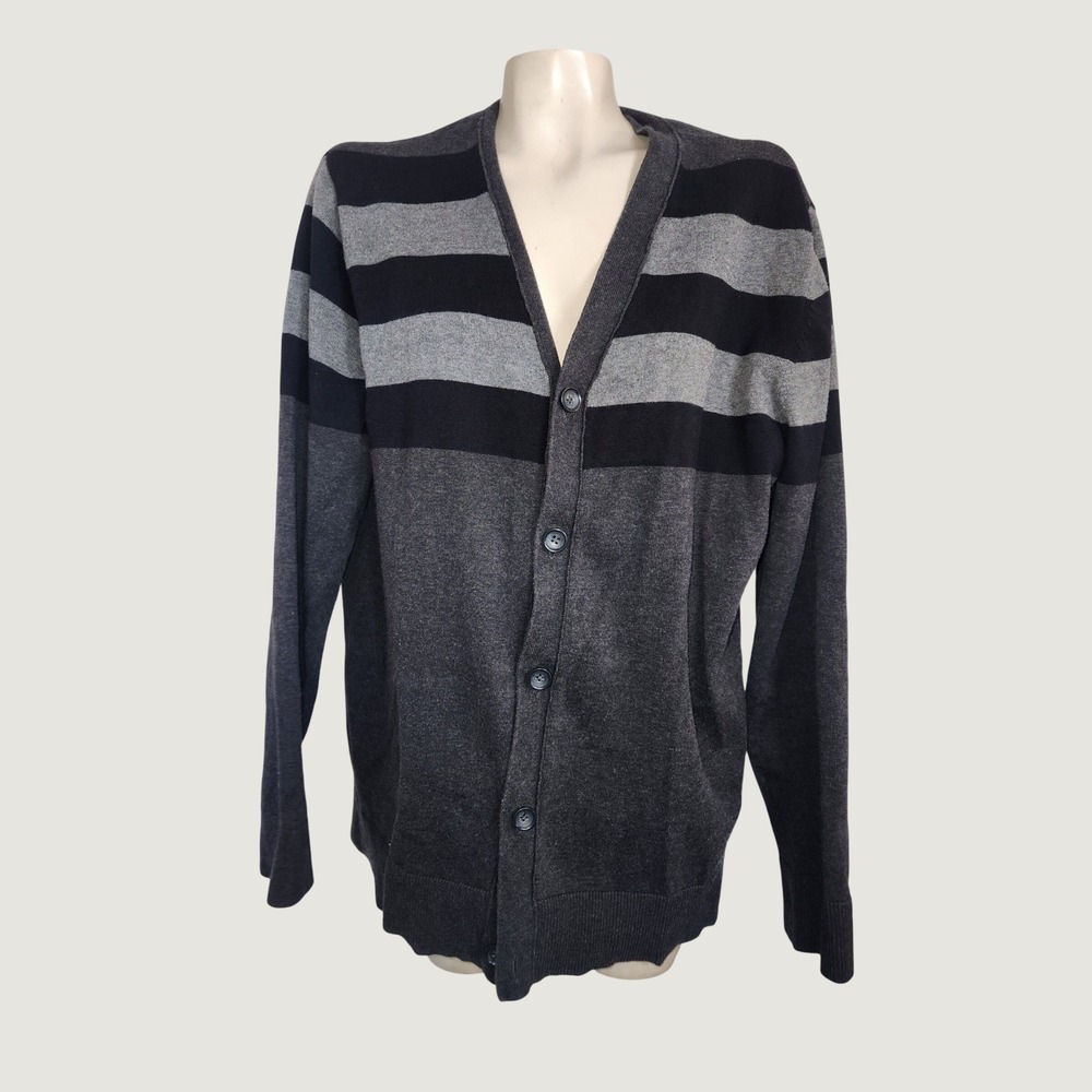 Paraphrase Mens XL Gray Black Striped Cotton Button Front V-Neck Cardigan Sweate